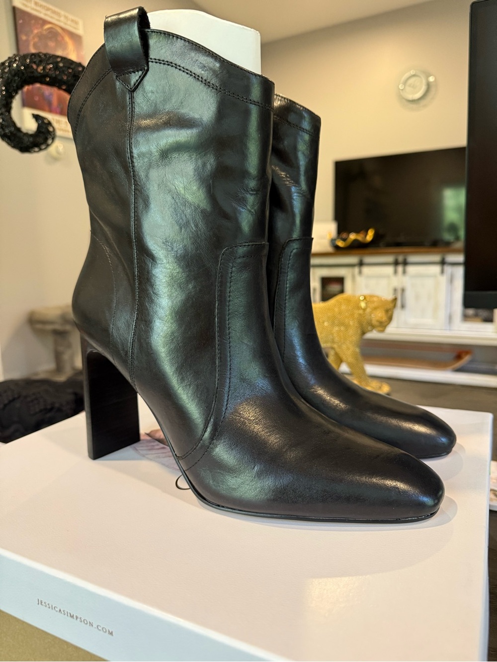 Jessica Simpson Black Leather High Heel Ankle Boots with Pull Tabs